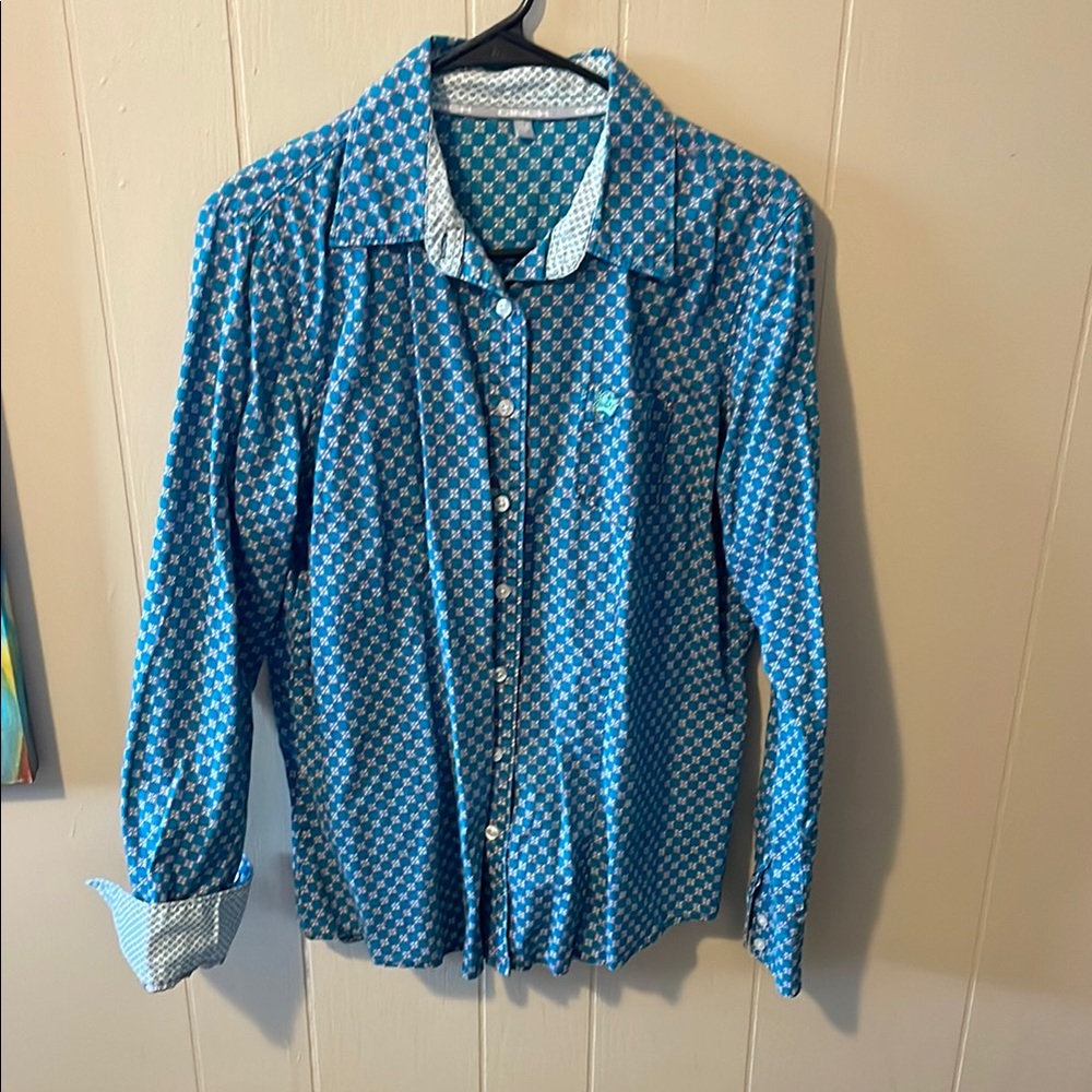 Blue Geometric Button-Up Shirt